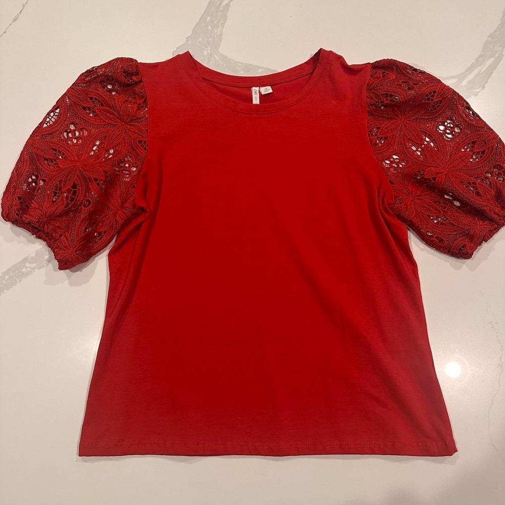 Cato Womens Red Short Sleeve Top Floral Crochet Lace Puff Sleeves Size M